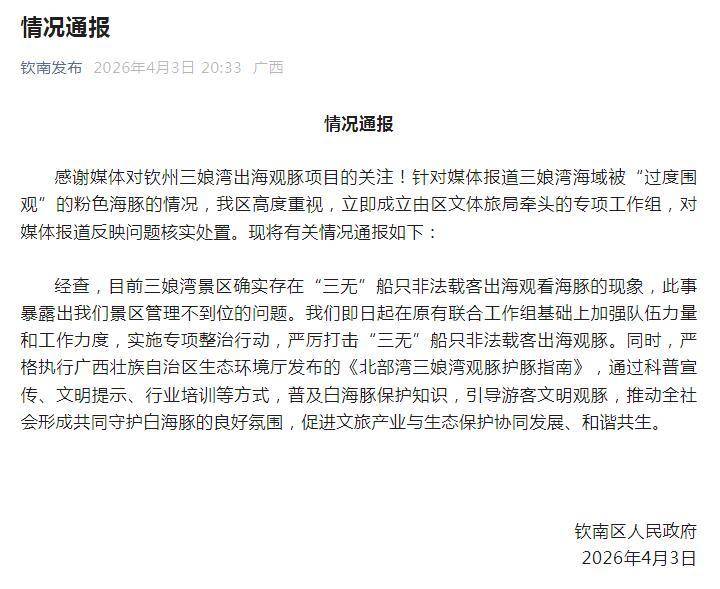 广西钦州市钦南区通报:三娘湾景区确实存在“三无”船只非法载客出海观看海豚现象 即日起实施专项整治行动